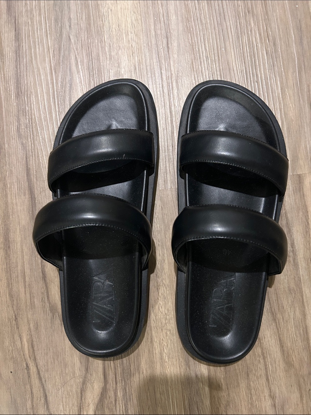 Zara Black Leather Double-Strap Slide Sandals with Embossed Logo